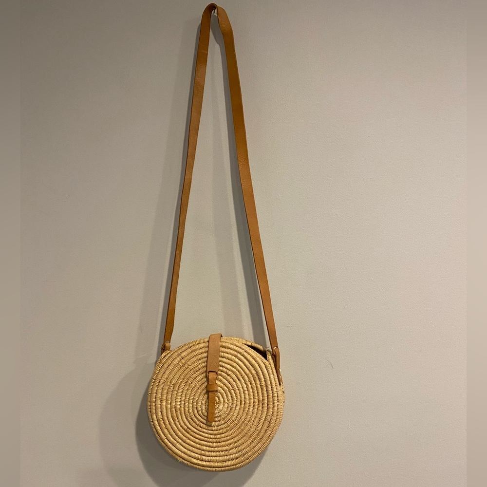 French Baskets Rose Round Crossbody Straw Bag Leather Trim